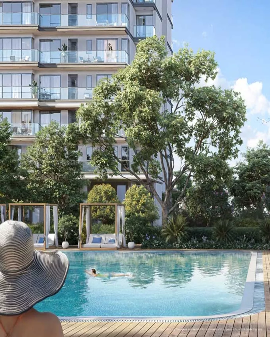 Emaar Serenity Hills Sector 86 swimming pool with landscaped gardens and luxury apartments